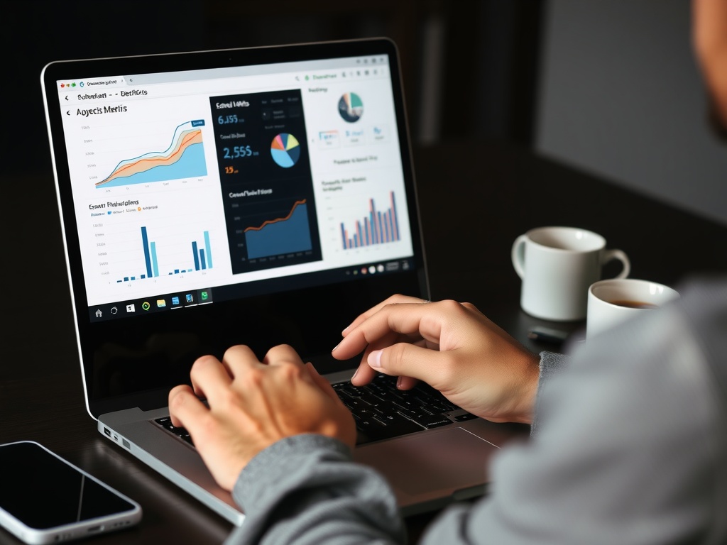 Personne analysant des données sur un ordinateur portable, entouré de tasses de café.