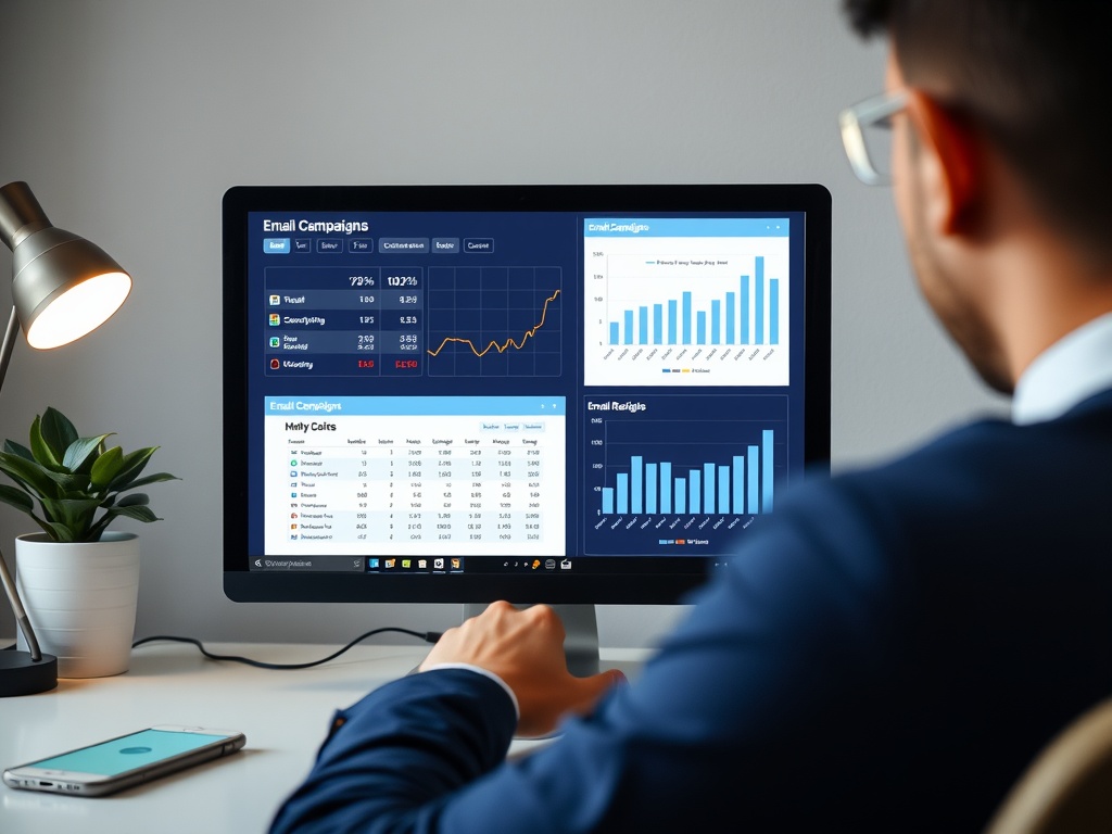 Analyse des résultats de campagnes d'email marketing sur un écran d'ordinateur.