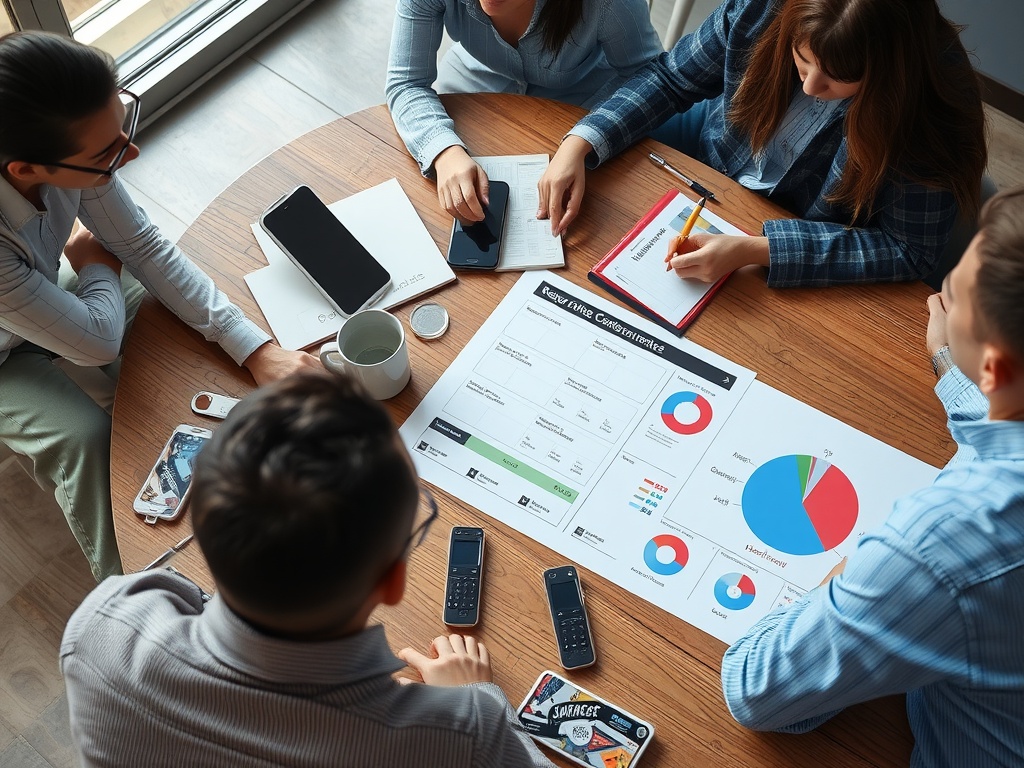 Une réunion collaborative autour d'une table avec des graphiques et des téléphones.