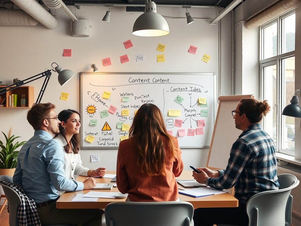 Une équipe en réunion, discutant des idées de contenu sur un tableau blanc