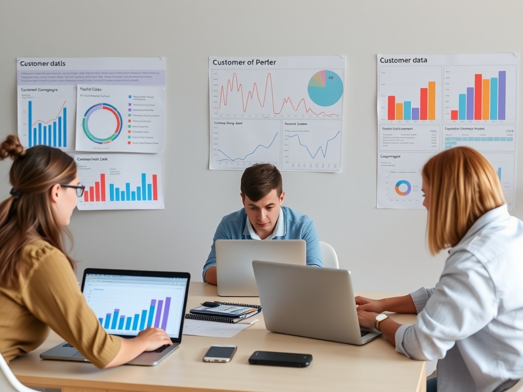 Un groupe de professionnels discutant des données clients dans un bureau moderne.
