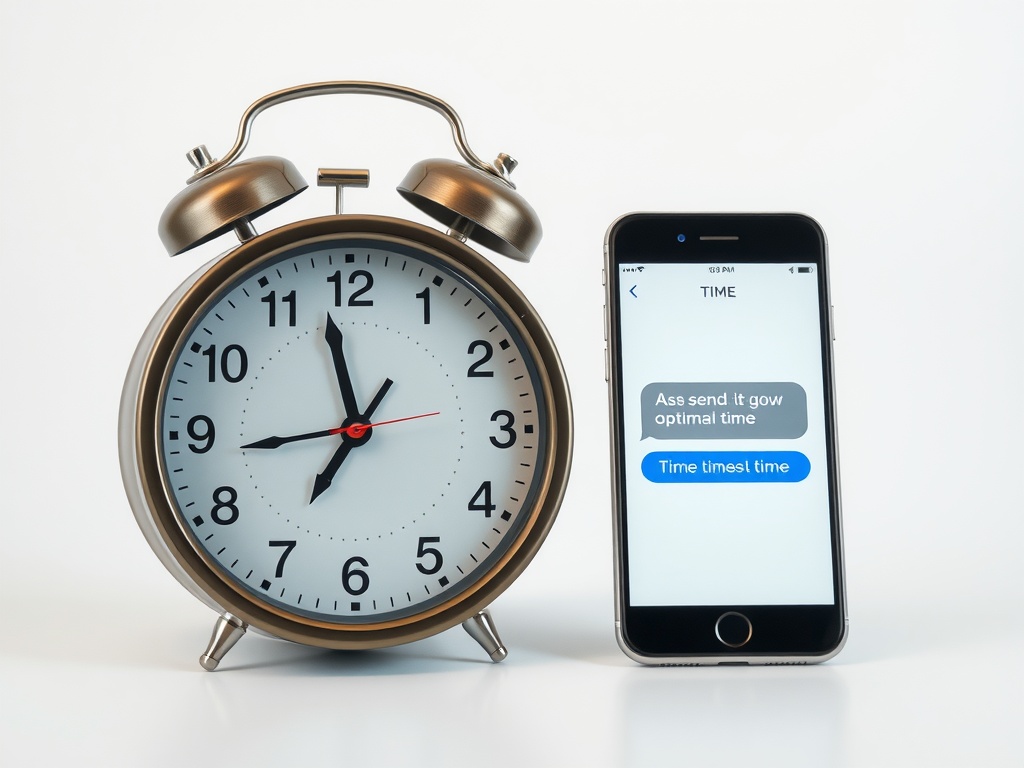 Un réveil et un smartphone affichant un message texte, illustrant l'importance du timing dans l'envoi de SMS.