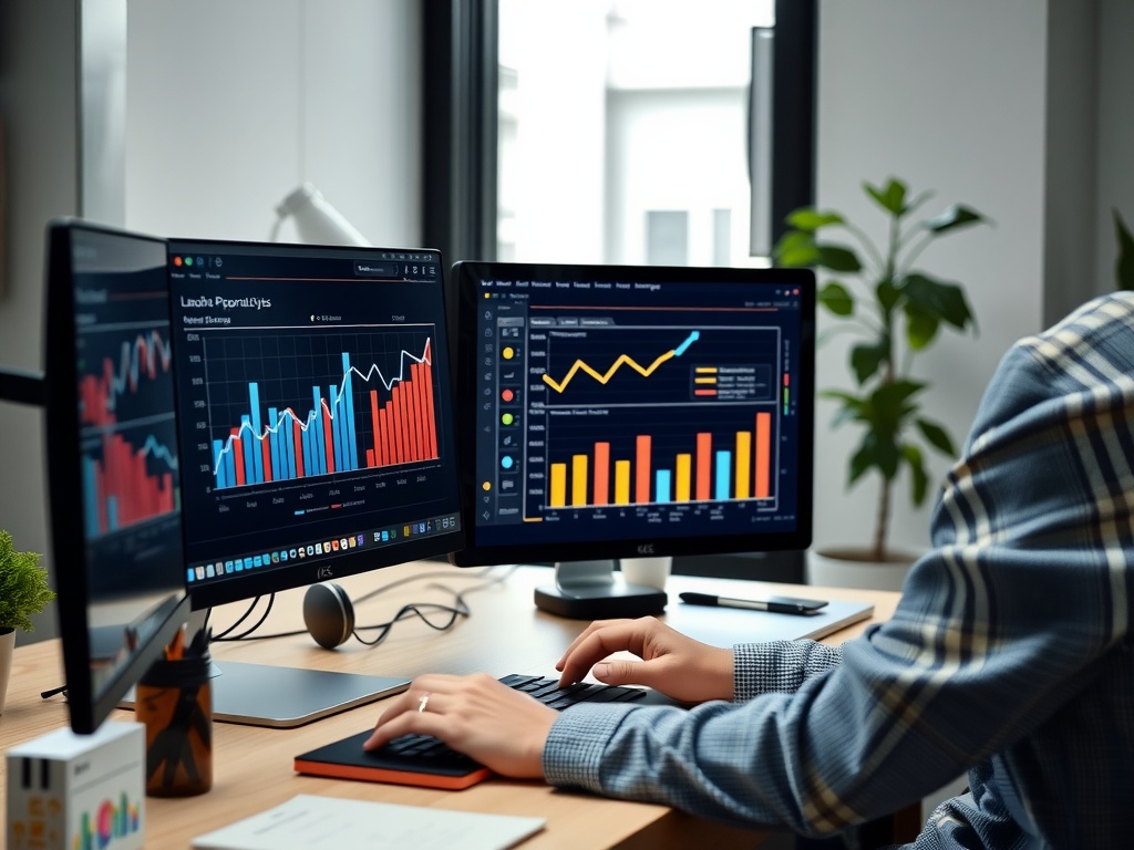 Une personne analysant des données sur deux écrans d'ordinateur, entourée de plantes.
