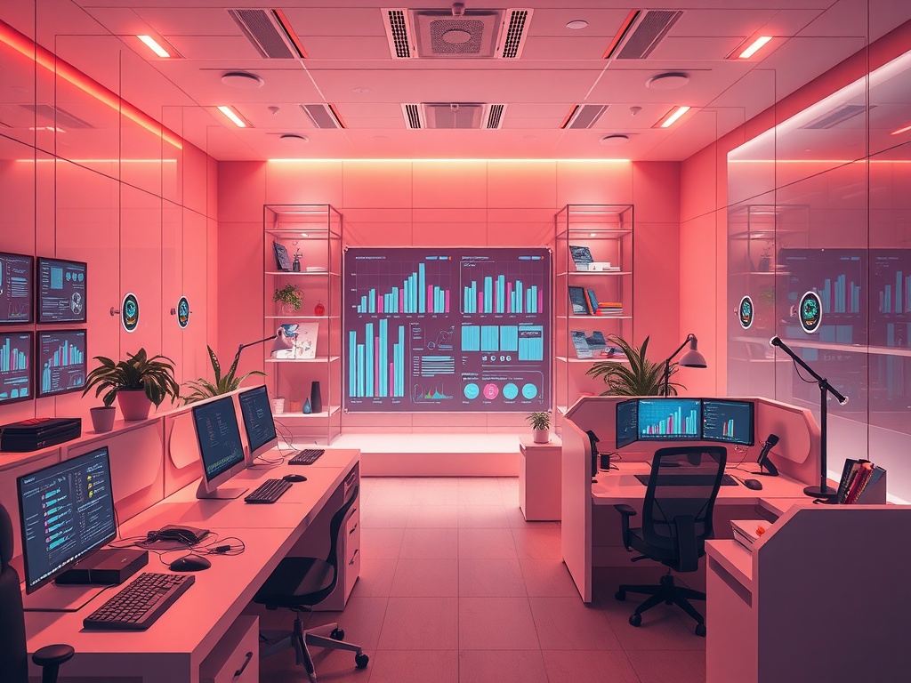 Un bureau moderne avec plusieurs écrans affichant des données et des graphiques, illustrant l'intégration de l'IA dans le marketing.