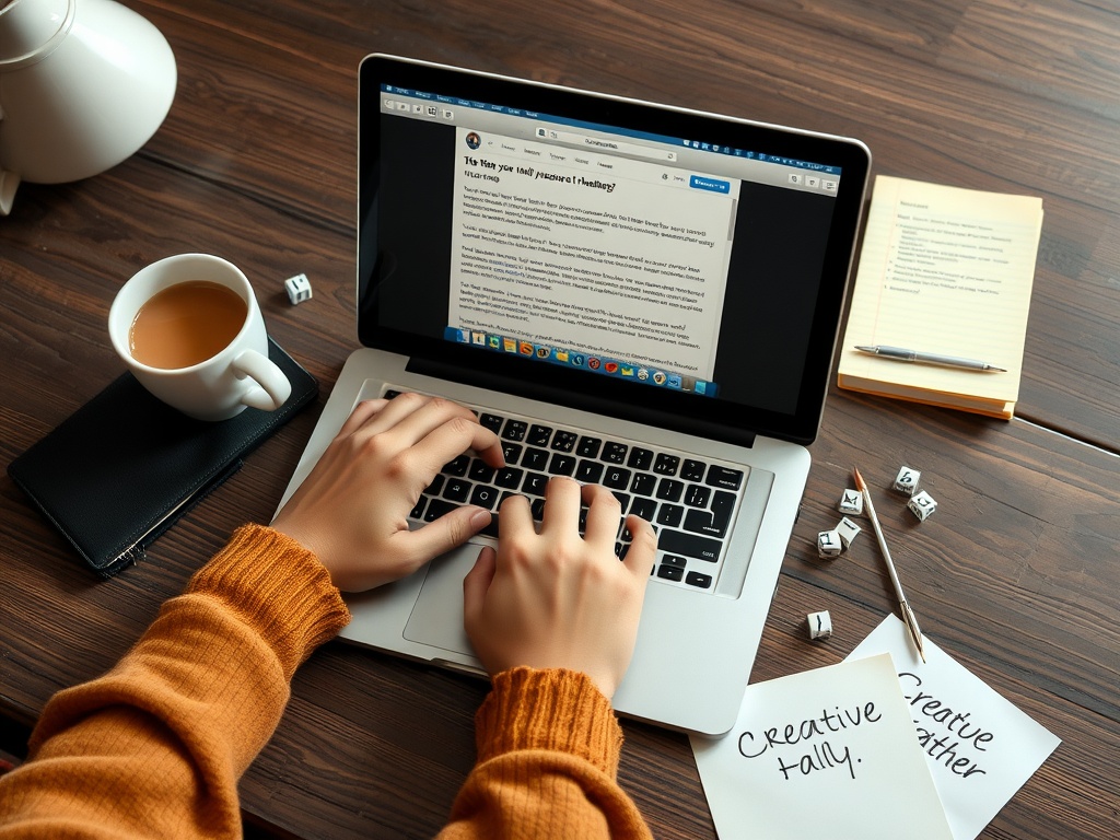 Un ordinateur portable ouvert avec une personne tapant un email, une tasse de café à côté, et des notes sur le bureau.