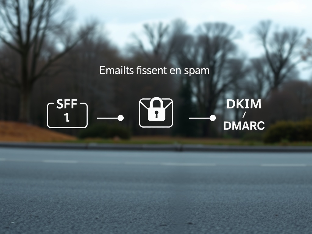 Infographie sur l'authentification d'email, montrant SFF 1, un cadenas et DKIM/DMARC.
