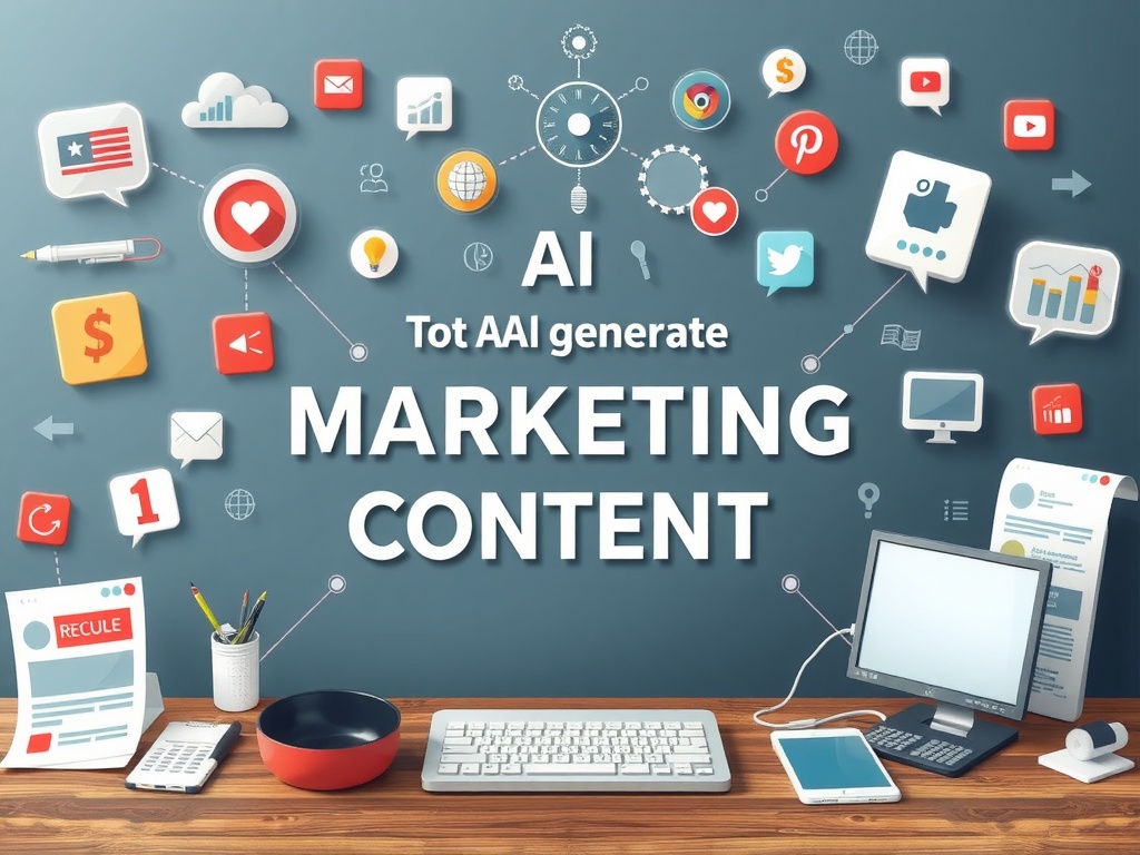 Un bureau avec des éléments de marketing numérique, illustrant le concept de l'IA dans le marketing.