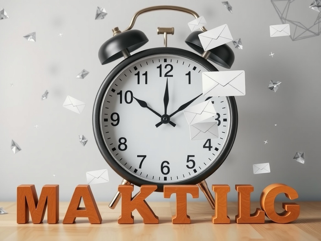 Un réveil avec des enveloppes volantes autour, symbolisant le timing des envois d'emails.