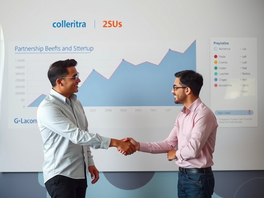 Deux personnes en train de discuter d'un partenariat stratégique, avec un graphique de croissance en arrière-plan.