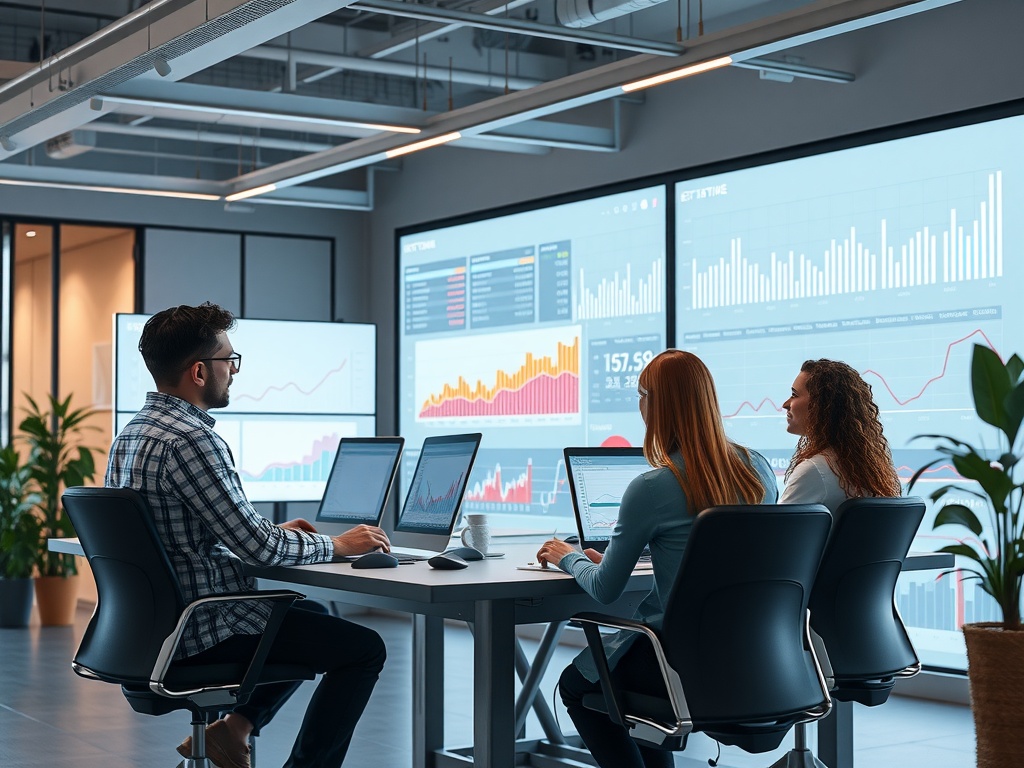 Graphiques et données affichés sur des écrans dans un bureau moderne