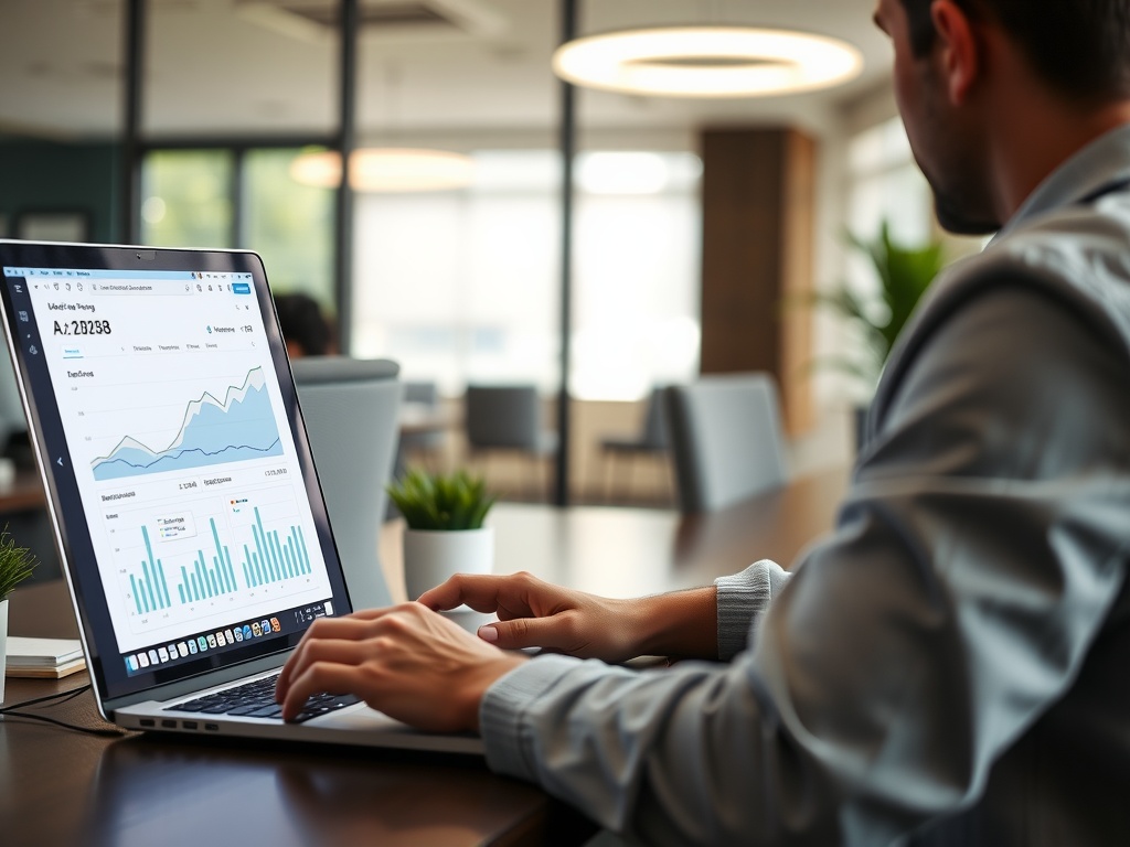Un homme travaillant sur un ordinateur portable, analysant des données de campagne.
