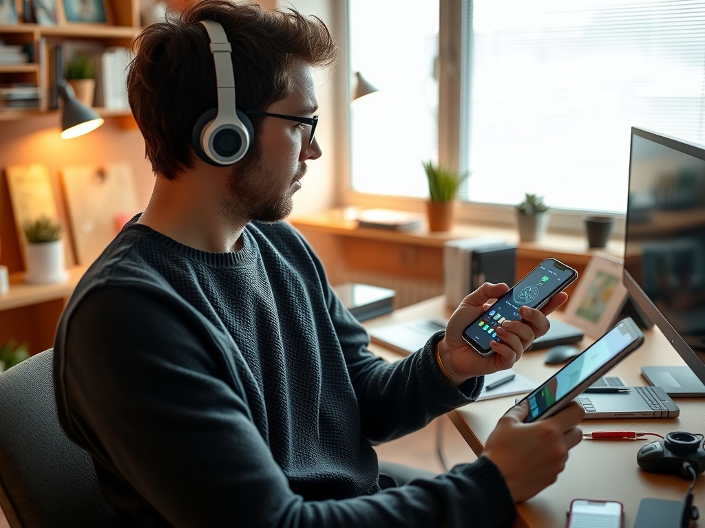 Un homme utilisant des appareils numériques pour automatiser ses tâches.